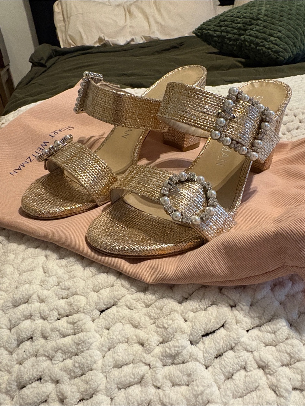 Stuart Weitzman Gold Metallic Pearl-Trim Block Heel Sandals